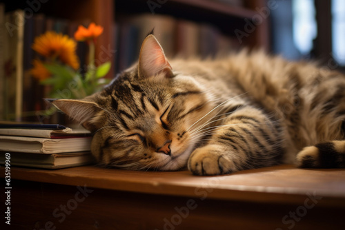 The cat sleeps on books. AI generated. © serperm73