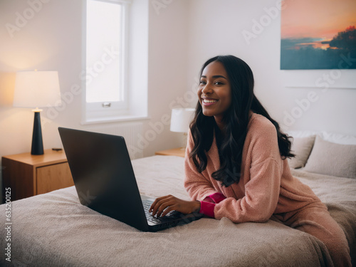 Digital portrait of a beautiful young female model in pink jolly pajamas with smile on her face communicates with collegues online on a laptop