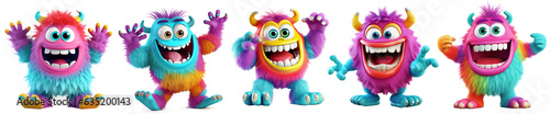 Fotografie, Obraz collection of Colorful furry and cute monster dancing and waving 3D render chara