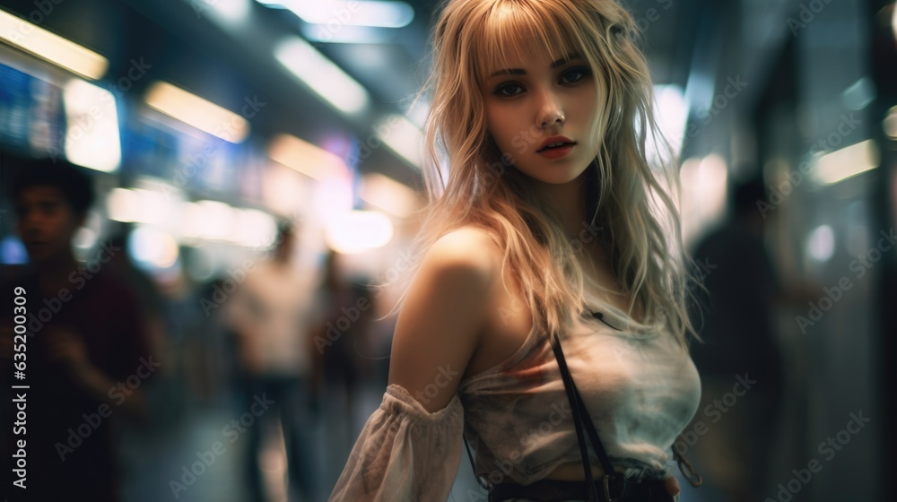 Stunning blonde model standing in city subway, fast paced lifestyle, creative long exposure light streaks and motion blur bokeh background, wearing edgy grunge street fashion - generative AI