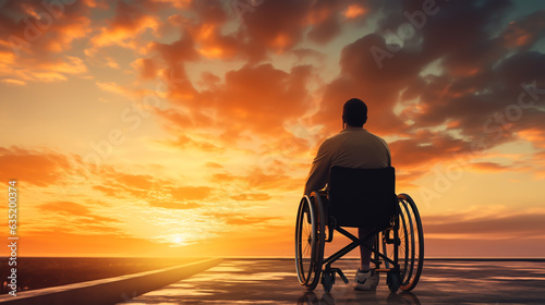 Silhouette of disabled man on wheelchair with sunset sky background.