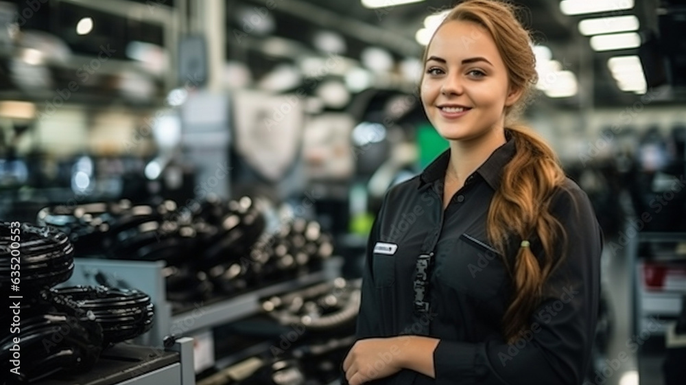 Young beautiful woman employee of auto parts store. Looks into the camera. Young beautiful woman employee of auto parts store. Looks into the camera.