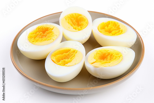 Boiled eggs cut into halves. AI generated.