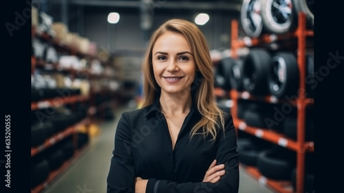 Young beautiful woman employee of auto parts store. Looks into the camera.