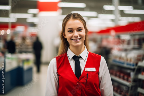 Beautiful smiling woman - salesperson, hypermarket stuff.