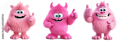 collection of Pink colorful furry and cute monster dancing and waving 3D render character cartoon style Isolated on transparent background