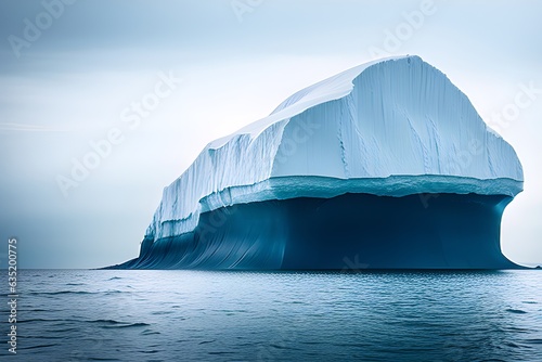 A warming iceberg in the ocean breaking up at the bottom.