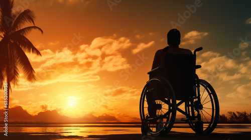 Silhouette of disabled man on wheelchair at the beach during sunset, Disable day