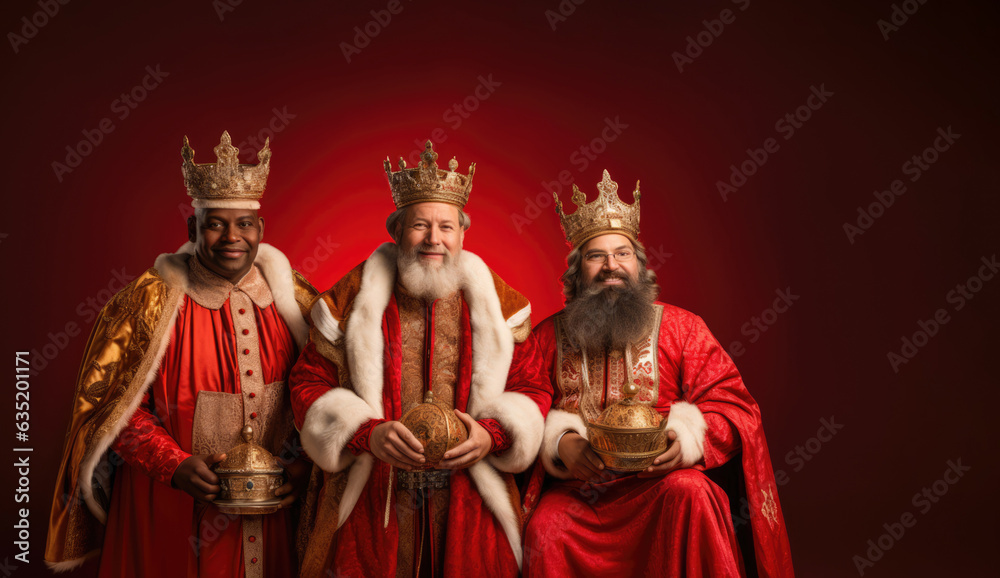 Christmas tradition. The Three Wise Men smiling with robes and crowns holding presents over red background with copy space Christmas tradition. The Three Wise Men smiling with robes and crowns holding presents over red background with copy space