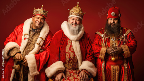 Christmas holiday. The Three Wise Men smiling with robes and crowns over red background photo