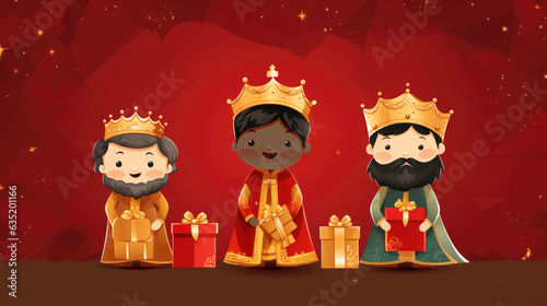 Christmas illustration. Cartoon of The Three Wise Men smiling with robes and crowns holding presents over red background with copy space photo