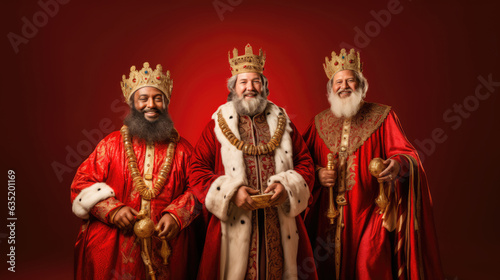 Christmas tradition. The Three Wise Men smiling with robes and crowns over red background with copy space