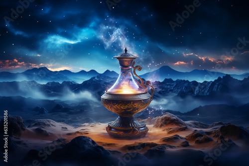 Aladdins mysterious lamp with glowing fire and smoke on magical night sky and desert background. photo