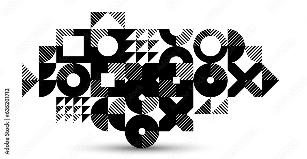 Abstract geometric black and white vector background, modular tiling stripy art with circles and other shapes, monochrome retro style artistic motif isolated. - obrazy, fototapety, plakaty 