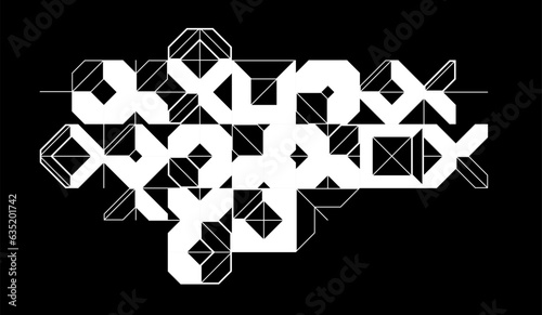 Abstract vector geometric background, tech engineering look like shapes and lines composition over dark, mechanical engine industry style, black and white.