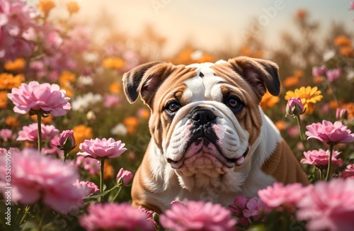 Adorable English bulldog puppy sitting in the flower field background, banner with copy space text 