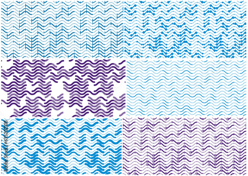 Wavy technical lines seamless patterns set, vector abstract repeat endless backgrounds collection, blue colored rhythmic waves.