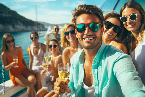 Group of friends relaxing on luxury yacht and drinking champagne at exclusive boat party. © colnihko