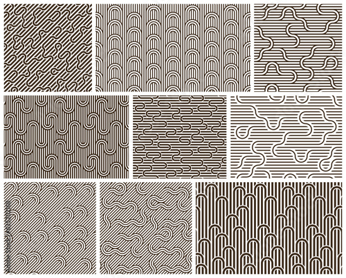 Seamless linear vector geometric minimalistic patterns set, abstract lines tiling backgrounds, stripy weaving, optical maze, twisted stripes.