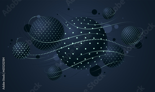 Abstract black dotted spheres vector background, composition of flying balls decorated with dots and lines, 3D mixed globes