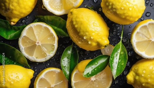 Fresh ripe lemons with water drops background. Juicy Fruits backdrop