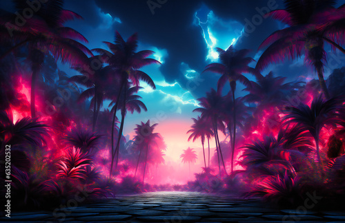 neon blue and pink background with palm fronds in the smoke