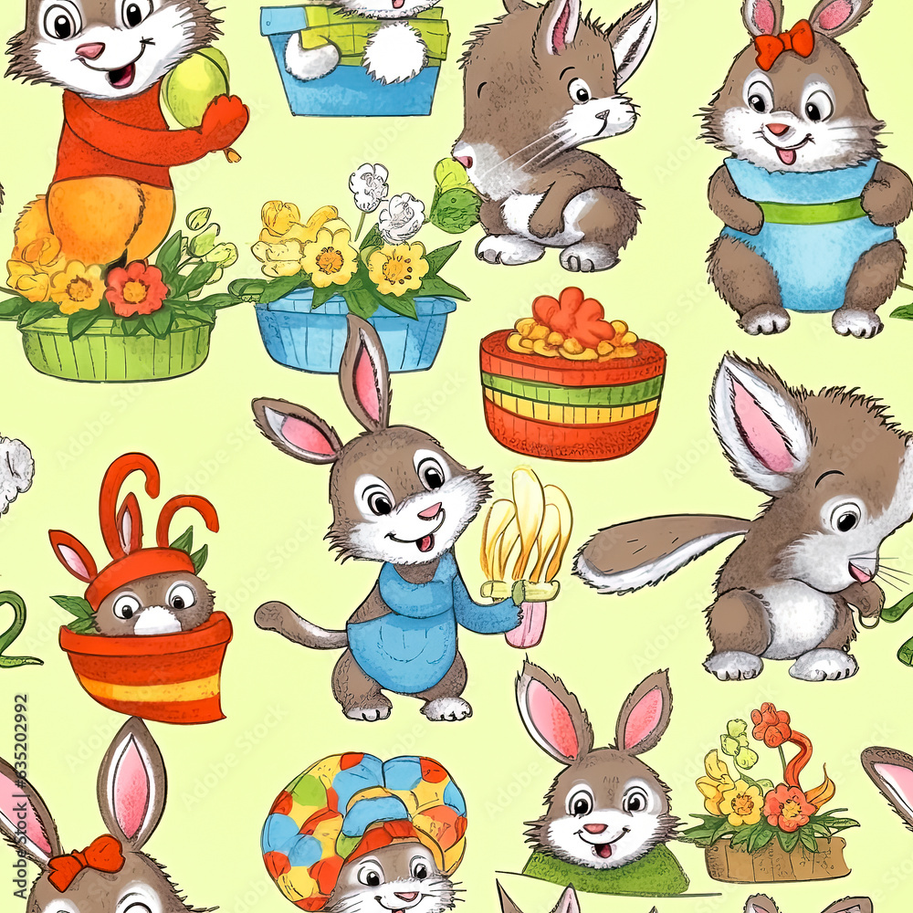 Fototapeta premium Seamless pattern with a bunch of fluffy cartoon animals sitting next to each other on a colored background.