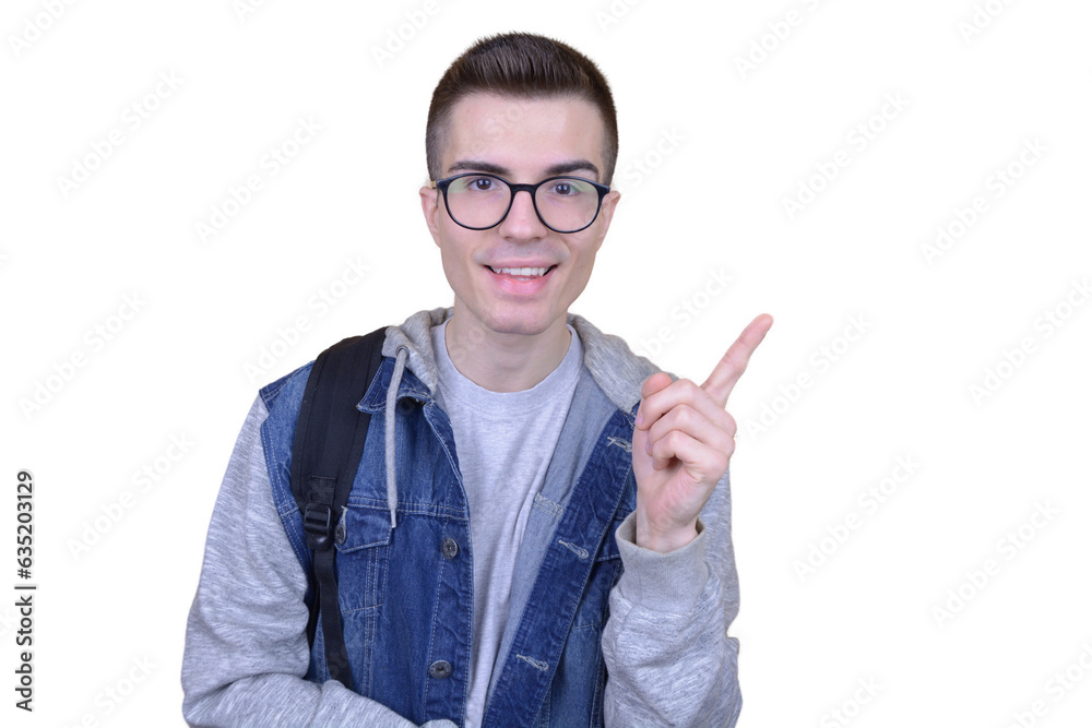 Smiling Handsome Student Wearing Glasses and Contrast Sleeves with a Backpack, Points Sideways on a Transparent Background. Ideal for University, School, or Banner Websites. Smiling Handsome Student Wearing Glasses and Contrast Sleeves with a Backpack, Points Sideways on a Transparent Background. Ideal for University, School, or Banner Websites.