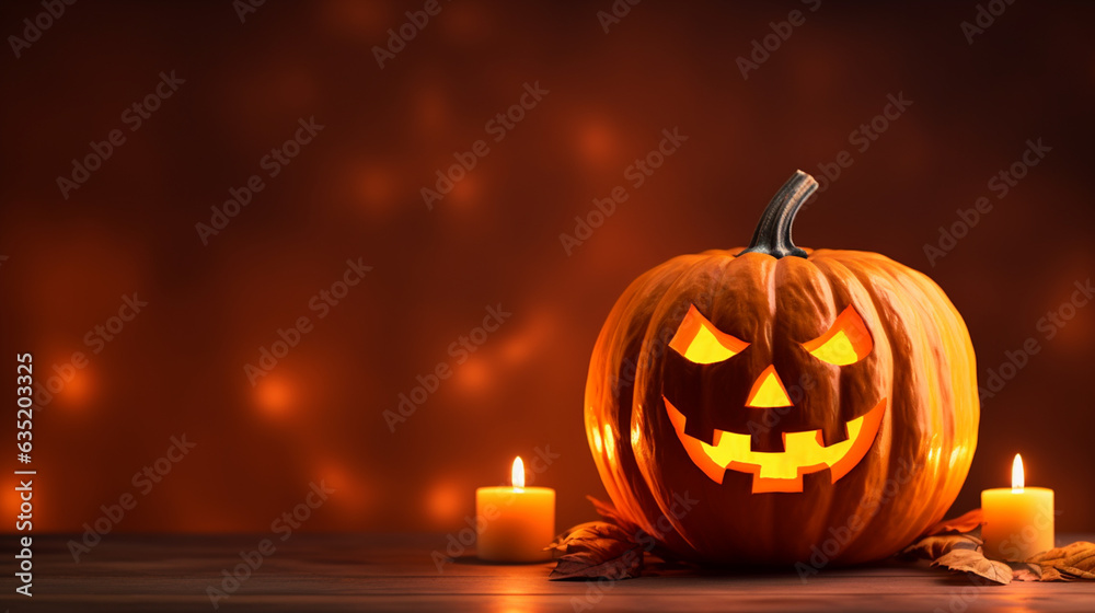 Carved Lit Pumpkin or Jack-O-Lantern with Candle Next to It on Bright Orange Background with Copy Space - Halloween and Spooky Season Theme - Generative AI Carved Lit Pumpkin or Jack-O-Lantern with Candle Next to It on Bright Orange Background with Copy Space - Halloween and Spooky Season Theme - Generative AI