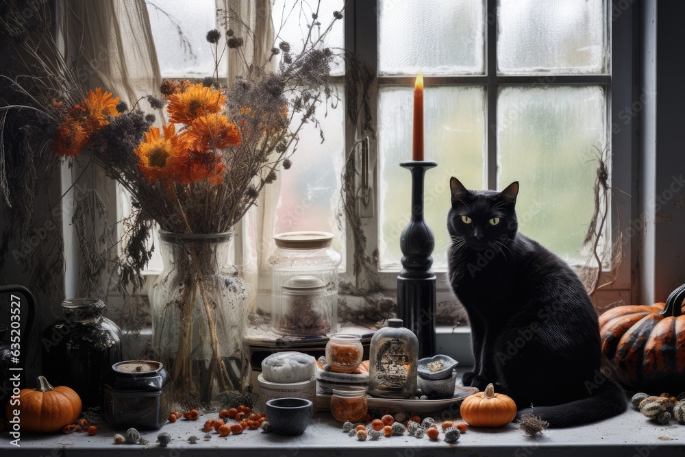 Black Cat on a Halloween Decorated Windowsill, generative ai