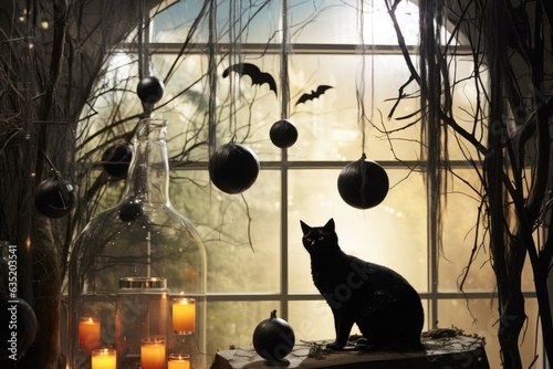Black Cat on a Halloween decorated wooden Window sill, generative ai