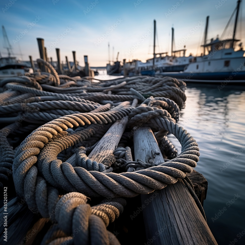 Fototapeta premium Boat ropes lying on the pier at harbor