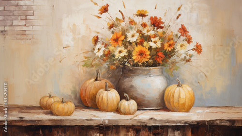 Fall Flowers in Vase with Pumpkins