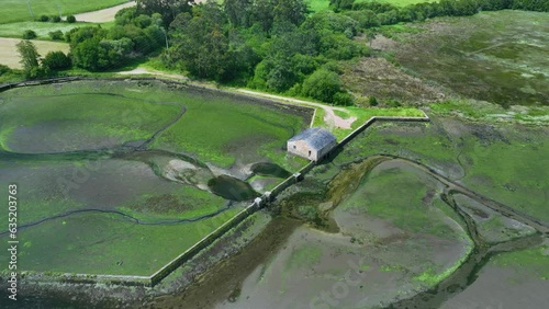 Aerial view from a drone of the Senra tidal mill in the Ortigueira estuary and marsh. Sierra de Capelada. Cantabrian Sea. Municipality of Ortigueira and Cariño. La Coruna. Galicia. Spain. Europe photo