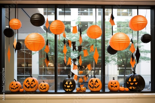 Halloween Window Decoration with Paper Lanterns and Pumpkins, generative ai