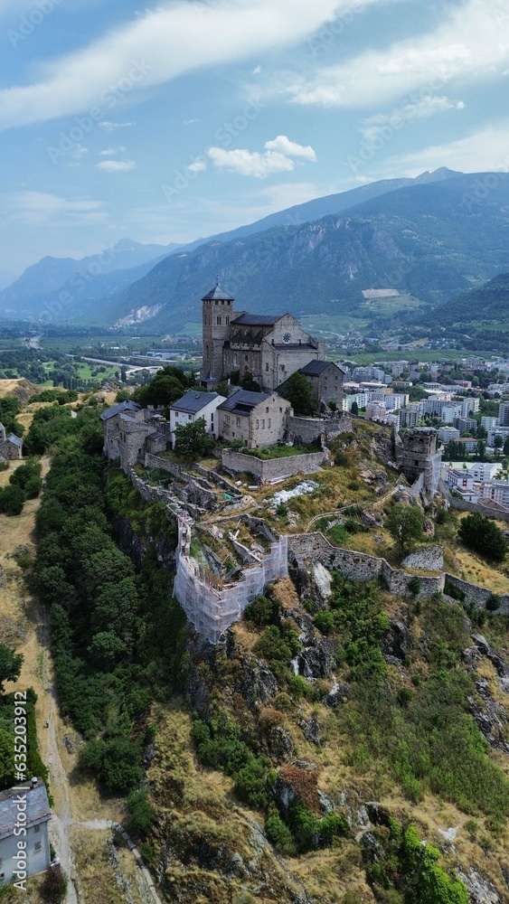 drone photo Valere Basilica, Basilique de Valère Switzerland europe