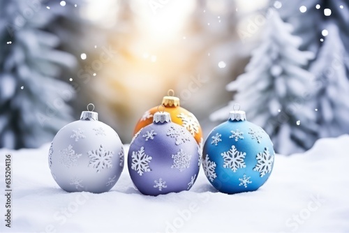 Christmas balls in winter setting. Winter holidays concept