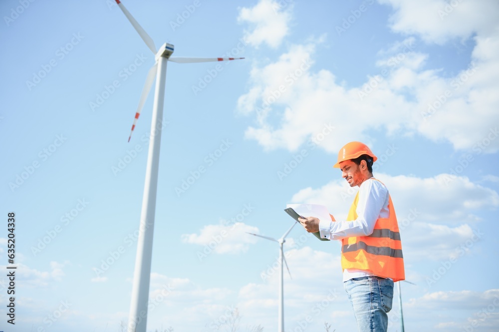 Indian Engineer in wheat field checking on turbine production Indian Engineer in wheat field checking on turbine production