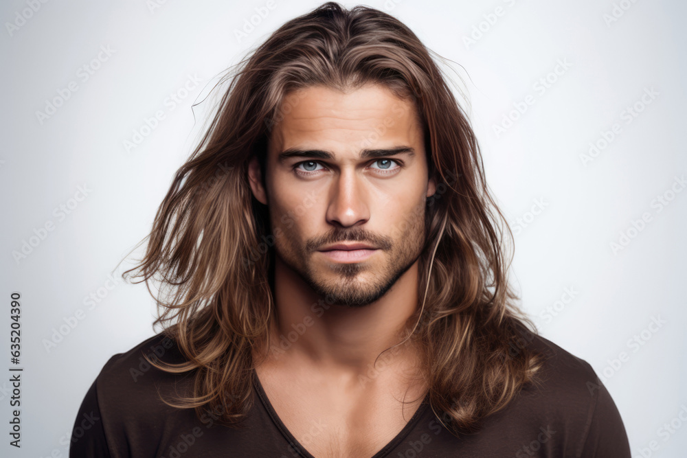 Handsome Man With Long Curly Hair On White Background