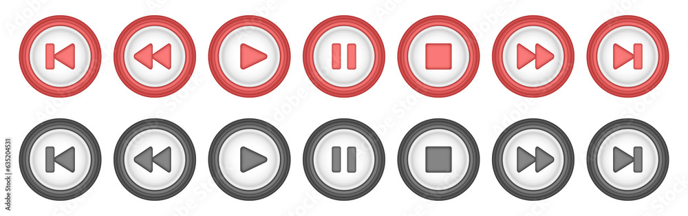 Red and black round music control buttons set. Play, pause, rewind, stop and forward icons Red and black round music control buttons set. Play, pause, rewind, stop and forward icons