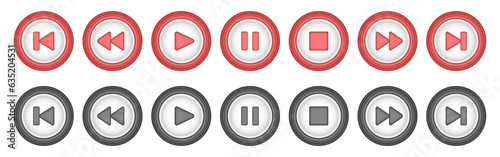 Red and black round music control buttons set. Play, pause, rewind, stop and forward icons