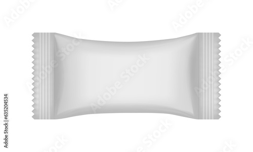 Realistic 3d mockup of a flow pack or sachet. Pouch. Lollypop, candy, chocolate bar or ice cream wrapper. Silver foil bag. Soap or wet wipes. White packaging