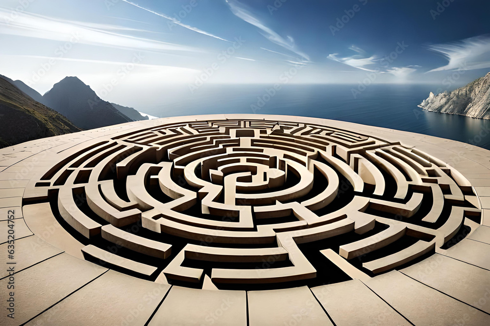 Circular maze, labyrinth door, way to success, 3d rendering. Generative AI Circular maze, labyrinth door, way to success, 3d rendering. Generative AI