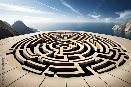 Circular maze  labyrinth door  way to success  3d rendering. Generative AI