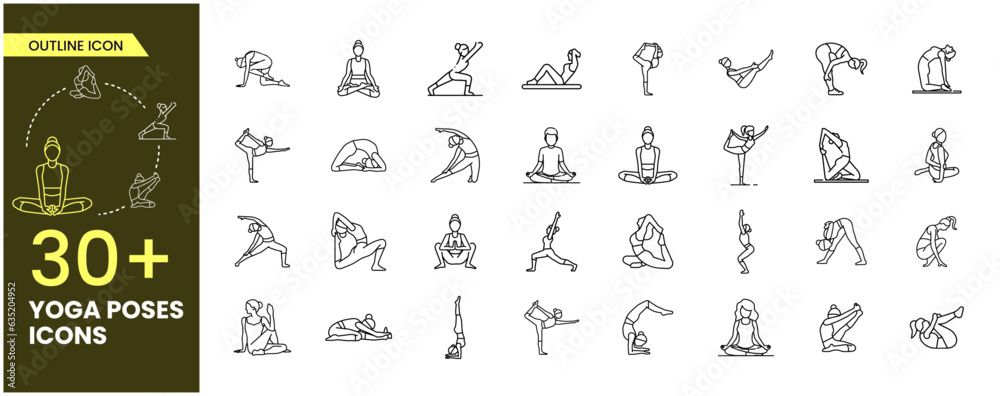 A collection of yoga poses icons. Line Woman of yoga poses. Set of linear Yoga pose icons. Pilates poses set Outline icon collections.