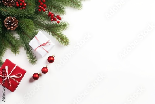 Christmas composition. Gifts fir tree branches red decor