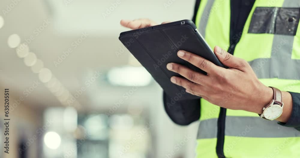 Engineering person, hands and tablet for construction planning, project management and blueprint software. Professional designer or architecture worker scroll on digital technology in office building