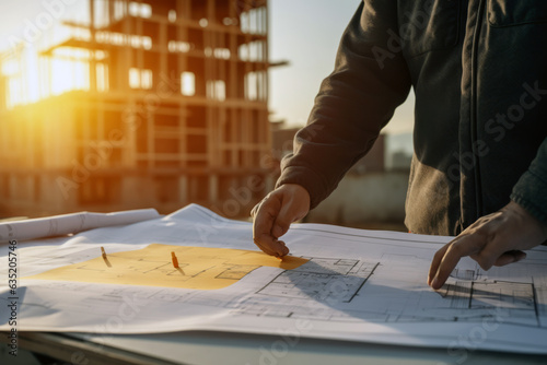 An architect scrutinizes building plans on a rooftop, overseeing an outdoor construction project, reflecting expertise and commitment to design excellence. photo