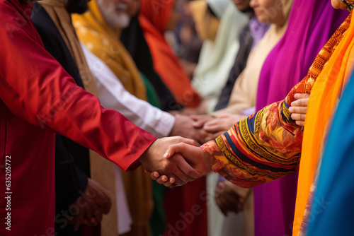 Leaders from various faiths engaged in interfaith dialogue, promoting peace, tolerance, unity, and harmony among cultures, showcasing friendship across religions.