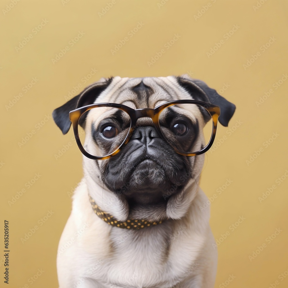 Cute Pug with Glasses on Solid Background. Generative AI.